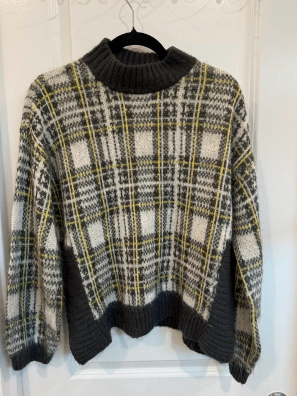 Nine West Plaid Cowlneck Sweater in Charcoal, Cream & Yellow